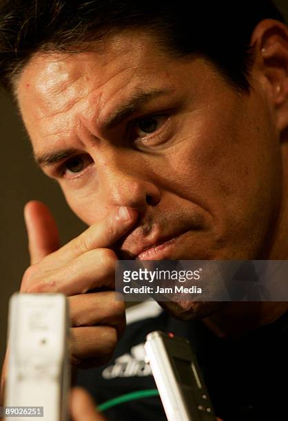 Mexican player Guillermo Franco reacts to a question during a press conference at the W Hotel on July 14, 2009 in Dallas, Texas. Mexico will face...