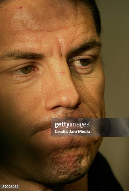 Mexican player Guillermo Franco reacts to a question during a press conference at the W Hotel on July 14, 2009 in Dallas, Texas. Mexico will face...