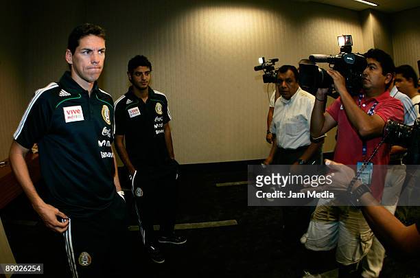 Mexican players Guillermo Franco and Carlos Vela pose as they arrive for a press conference at the W Hotel on July 14, 2009 in Dallas, Texas. Mexico...