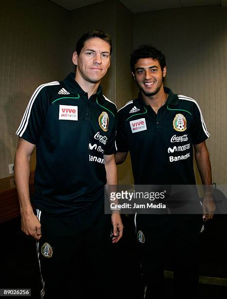 Mexican players Guillermo Franco and Carlos Vela pose as they arrive for a press conference at the W Hotel on July 14, 2009 in Dallas, Texas. Mexico...