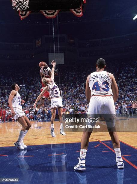 Playoffs: Chicago Bulls Michael Jordan in action, taking game winning, buzzer beater shot vs Cleveland Cavaliers Craig Ehlo . Game 5. The Shot....