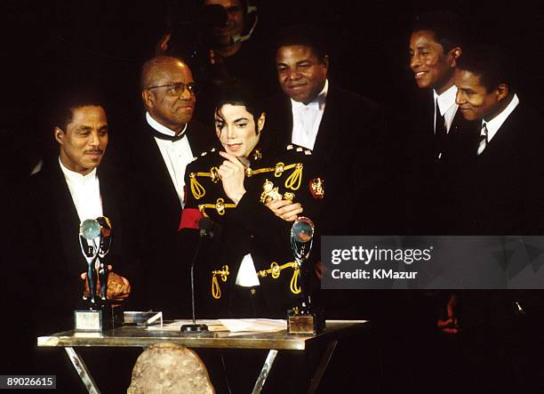 Berry Gordy Jr. Of Motown Records with Marlon Jackson, Michael Jackson , Tito Jackson, Jermaine Jackson and Jackie Jackson of The Jackson 5, inductees