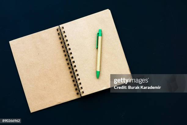 pen on blank open book - blank brochure cover stockfoto's en -beelden