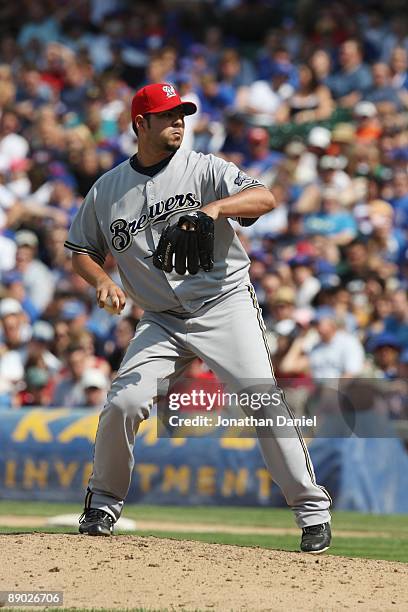 Carlos Villanueva of the Milwaukee Brewers throws a pitch against the Chicago Cubs during their MLB game on July 3, 2009 at Wrigley Field in Chicago,...