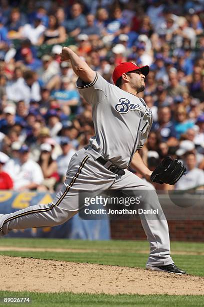 Carlos Villanueva of the Milwaukee Brewers throws a pitch against the Chicago Cubs during their MLB game on July 3, 2009 at Wrigley Field in Chicago,...