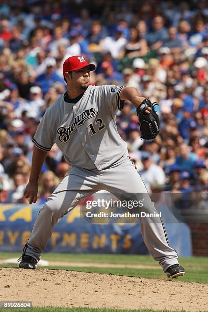 Carlos Villanueva of the Milwaukee Brewers throws a pitch against the Chicago Cubs during their MLB game on July 3, 2009 at Wrigley Field in Chicago,...