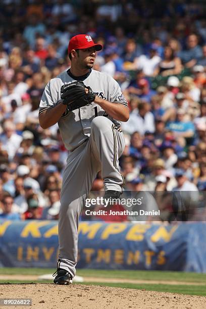 Carlos Villanueva of the Milwaukee Brewers throws a pitch against the Chicago Cubs during their MLB game on July 3, 2009 at Wrigley Field in Chicago,...