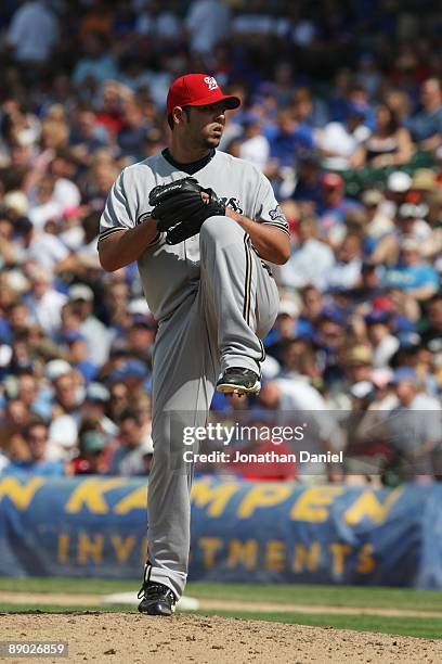 Carlos Villanueva of the Milwaukee Brewers throws a pitch against the Chicago Cubs during their MLB game on July 3, 2009 at Wrigley Field in Chicago,...