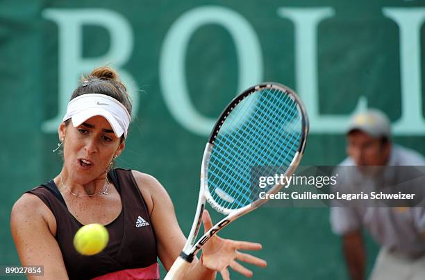 Brazilian tennis player Natalia Guitler in action during an Open Seguros Bolivar Bogota 2009 match against Maria Fernanda Alvarez of Bolivia on July...