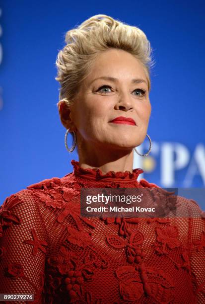 Actor Sharon Stone speaks during Moet & Chandon Toasts The 75th Annual Golden Globe Awards Nominations at The Beverly Hilton Hotel on December 11,...