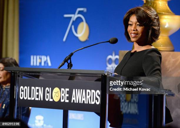 Actor Alfre Woodard speaks during Moet & Chandon Toasts The 75th Annual Golden Globe Awards Nominations at The Beverly Hilton Hotel on December 11,...