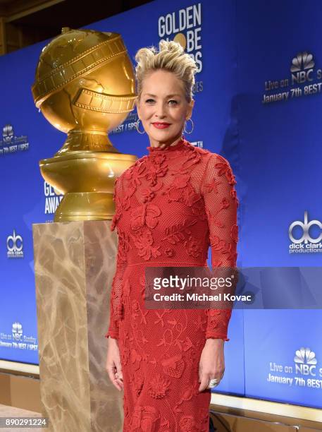 Actor Sharon Stone attends Moet & Chandon Toasts The 75th Annual Golden Globe Awards Nominations at The Beverly Hilton Hotel on December 11, 2017 in...