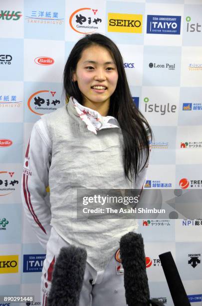 Women's Individual Foil winner Sera Azuma speaks to media during day four of the 70th All Japan Fencing Championships at Komazawa Gymnasium on...