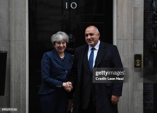 British Prime Minister Theresa May welcomes Bulgarian Prime Minister Boyko Borissov outside 10 Downing Street on December 11, 2017 in London, England.