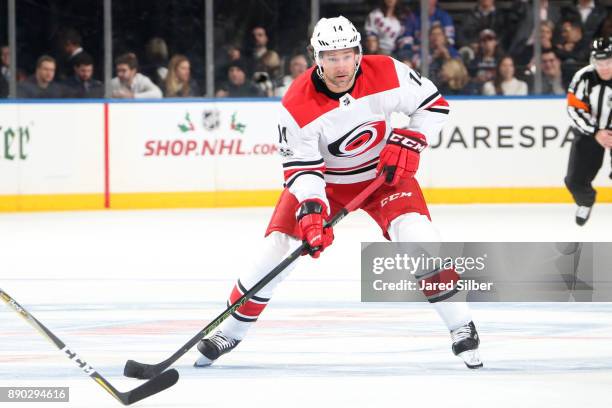 Justin Williams of the Carolina Hurricanes skates against the New York Rangers at Madison Square Garden on December 1, 2017 in New York City. The New...