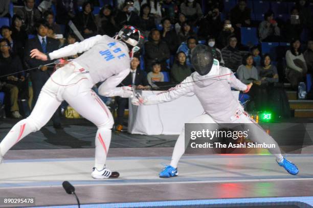 Sera Azuma and Hiromi Abe compete in the Women's Individual Foil final during day four of the 70th All Japan Fencing Championships at Komazawa...