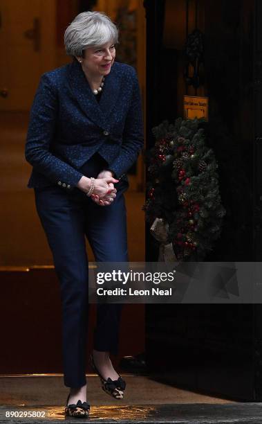 British Prime Minister Theresa May steps outside to welcome Bulgarian Prime Minister Boyko Borissov at 10 Downing Street on December 11, 2017 in...