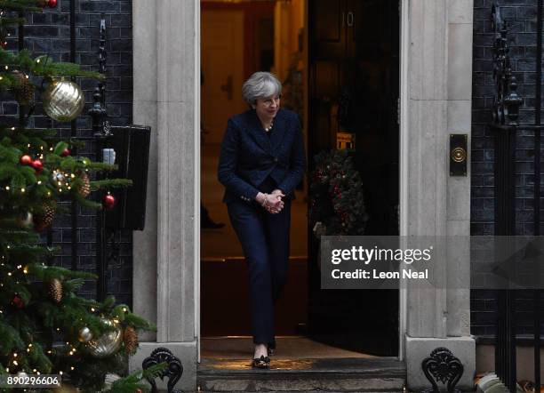 British Prime Minister Theresa May steps outside to welcome Bulgarian Prime Minister Boyko Borissov at 10 Downing Street on December 11, 2017 in...