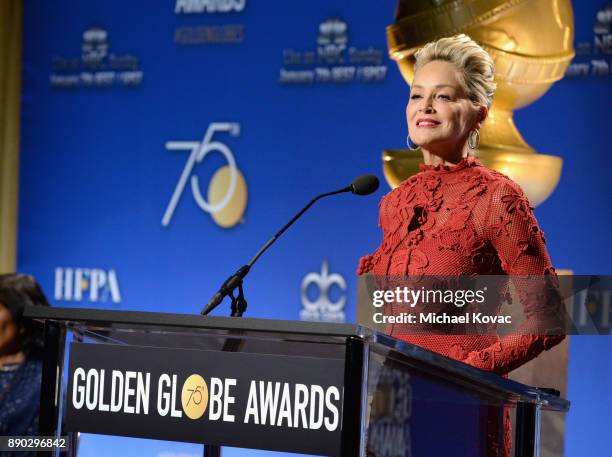 Actor Sharon Stone speaks during Moet & Chandon Toasts The 75th Annual Golden Globe Awards Nominations at The Beverly Hilton Hotel on December 11,...