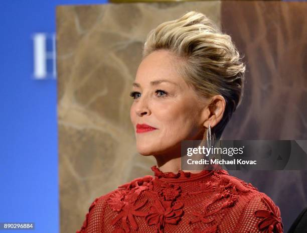 Actor Sharon Stone speaks during Moet & Chandon Toasts The 75th Annual Golden Globe Awards Nominations at The Beverly Hilton Hotel on December 11,...