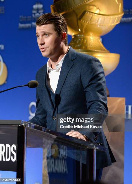 Actor Garrett Hedlund speaks during Moet & Chandon Toasts The 75th Annual Golden Globe Awards Nominations at The Beverly Hilton Hotel on December 11,...