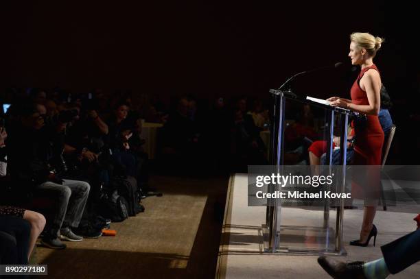 Actor Kristen Bell speaks during Moet & Chandon Toasts The 75th Annual Golden Globe Awards Nominations at The Beverly Hilton Hotel on December 11,...