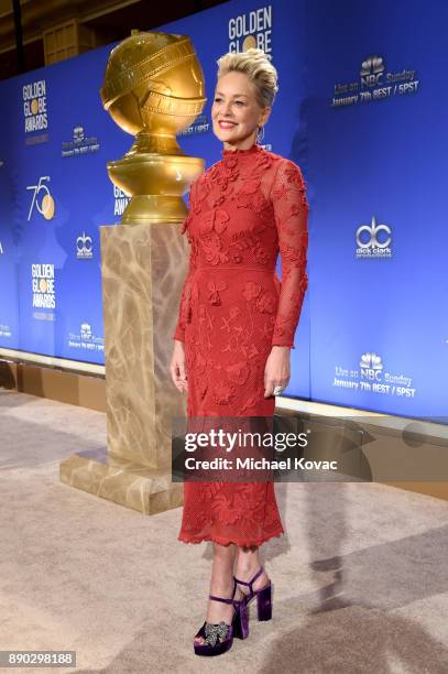 Actor Sharon Stone attends Moet & Chandon Toasts The 75th Annual Golden Globe Awards Nominations at The Beverly Hilton Hotel on December 11, 2017 in...