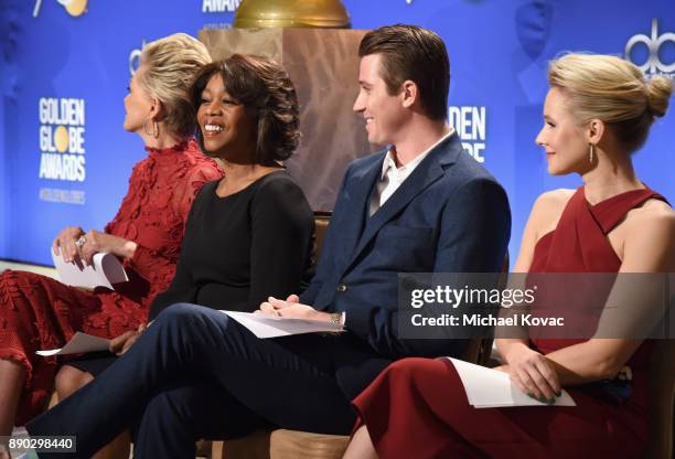 Actors Sharon Stone, Alfre Woodard, Garrett Hedlund and Kristen Bell speak during Moet & Chandon Toasts The 75th Annual Golden Globe Awards...