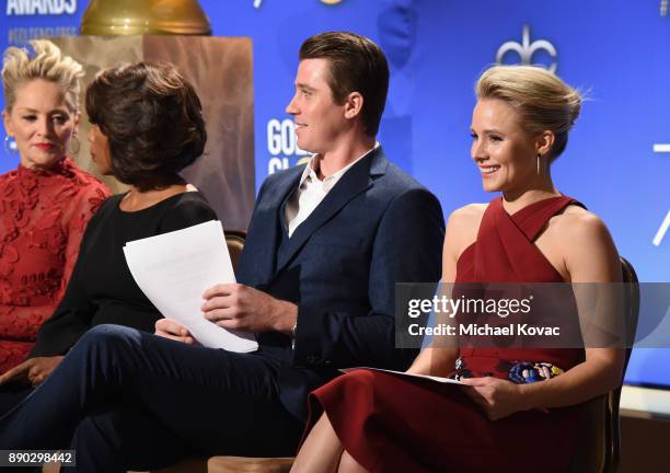 Actors Sharon Stone, Alfre Woodard, Garrett Hedlund and Kristen Bell speak during Moet & Chandon Toasts The 75th Annual Golden Globe Awards...