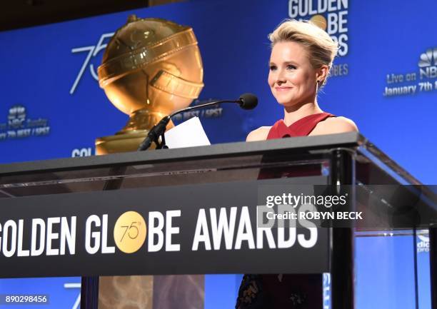 Actress Kristen Bell attends the 75th Annual Golden Globe Awards nomination announcement, December 11 at the Beverly Hilton Hotel in Beverly Hills,...