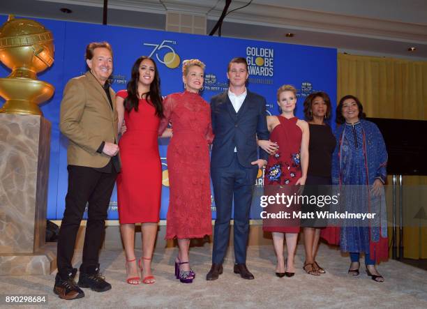 Barry Adelman, Simone Alexandra Johnson, Sharon Stone, Garrett Hedlund, Kristen Bell, Alfre Woodard and Meher Tatna attend the 75th Annual Golden...