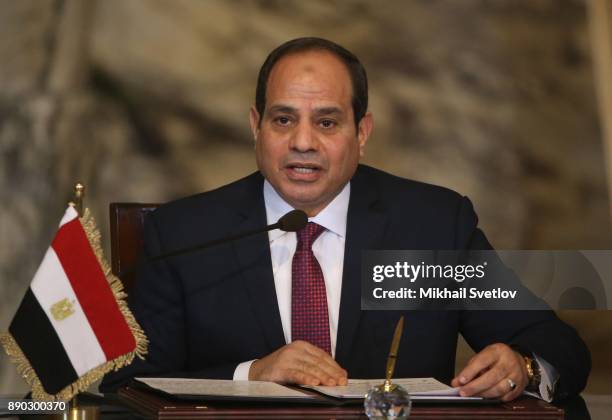 Egyptian President Abdel Fattah el-Sisi speaks during a meeting with Russian President Vladimir Putin on December 11,2017 in Cairo, Egypt. Putin is...