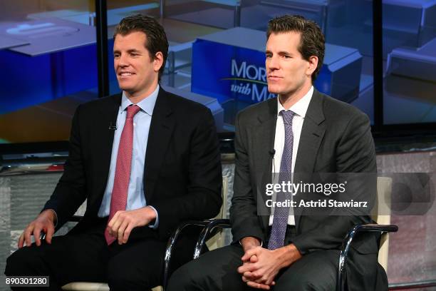 Entrepreneurs Tyler Winklevoss and Cameron Winklevoss discuss bitcoin with with Maria Bartiromo during FOX Business' "Mornings With Maria" at FOX...