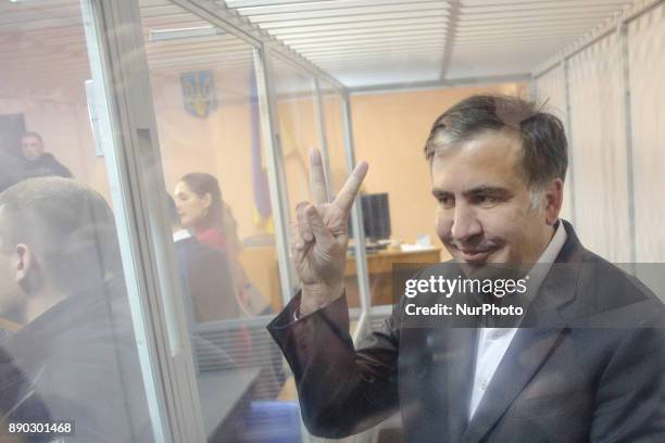 Former Georgian president and ex-governour of Odessa Mikheil Saakashvili is seen in a cage of Pechersk district court during the hearing, Kyiv...