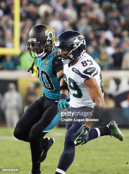 Jalen Ramsey of the Jacksonville Jaguars defends against Doug Baldwin of the Seattle Seahawks during the second half of their game at EverBank Field...