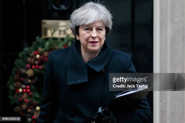 British Prime Minister Theresa May leaves Number 10 Downing Street on December 11, 2017 in London, England. Mrs May is to address MPs in Parliament...