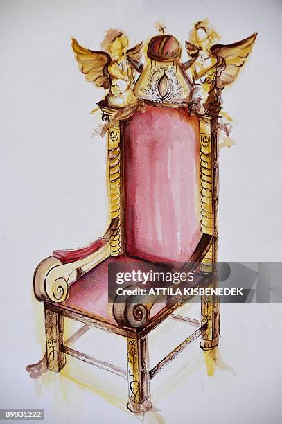 Un menuisier-sculpteur hongrois peaufine un siège doré pour le Saint-Père Master carpenter Arpad Rostas' picture-plan of a gold throne for the Pope...