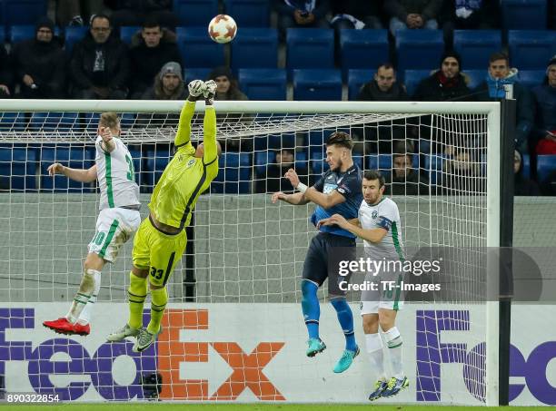 Cosmin Moti of Ludogorets, Goalkeeper Renan of Ludogorets, Svetoslav Dyakov of Ludogorets and Eugen Polanski of Hoffenheim battle for the ball during...