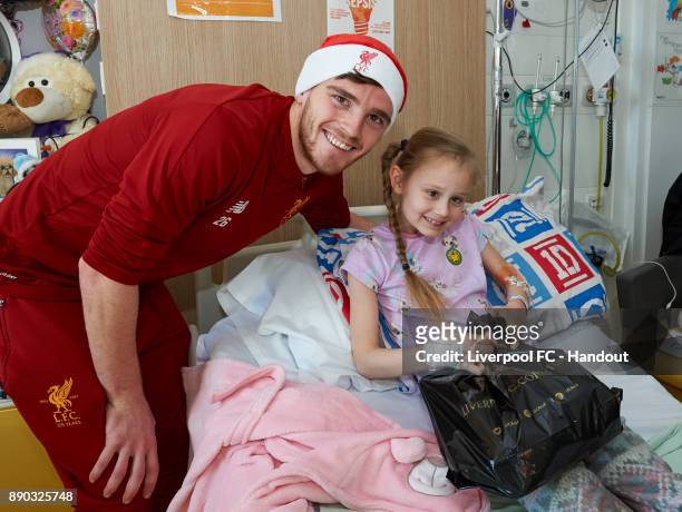 Liverpool player Andrew Robertson making the annual visit to Alder Hey Children's Hospital on December 11, 2017 in Liverpool, England.