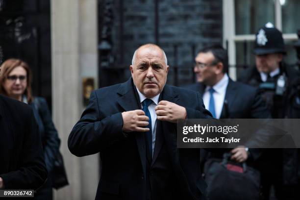 Bulgarian Prime Minister Boyko Borissov leaves Number 10 Downing Street following a meeting with British Prime Minister Theresa May on December 11,...