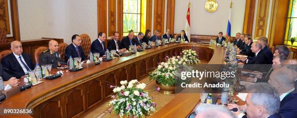 Russian President Vladimir Putin and Egyptian President Abdel Fattah el-Sisi hold an inter-delegation meeting on December 11, 2017 at Presidential...