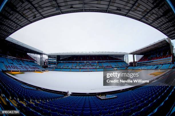 Snowy general views of Villa Park home to Aston Villa at Villa Park on December 11, 2017 in Birmingham, England.