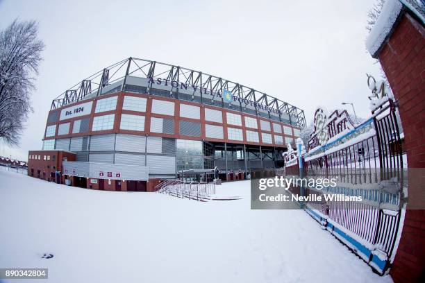 Snowy general views of Villa Park home to Aston Villa at Villa Park on December 11, 2017 in Birmingham, England.