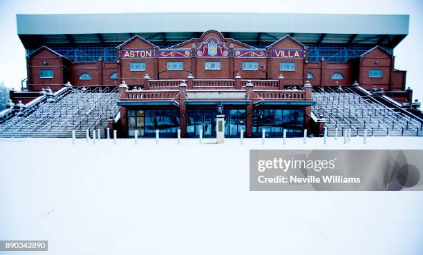 Snowy general views of Villa Park home to Aston Villa at Villa Park on December 11, 2017 in Birmingham, England.