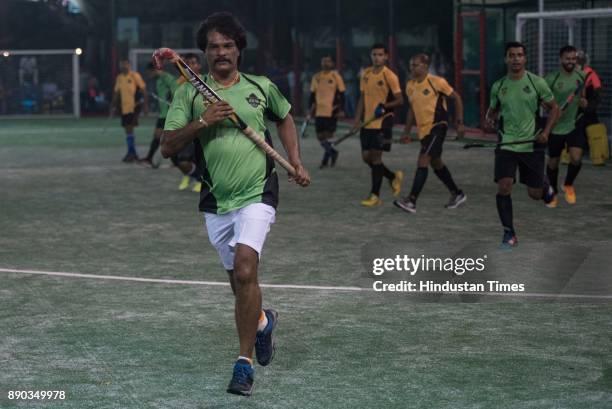 Dhanraj Pillai in action during exhibition match against Bandra Select team at St. Stanislaus sports complex, Bandra on December 10, 2017 in Mumbai,...