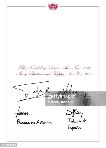 This handout image provided by the Spanish Royal Household shows the inside of the Royal Christmas Card featuring a a message from the family and a...