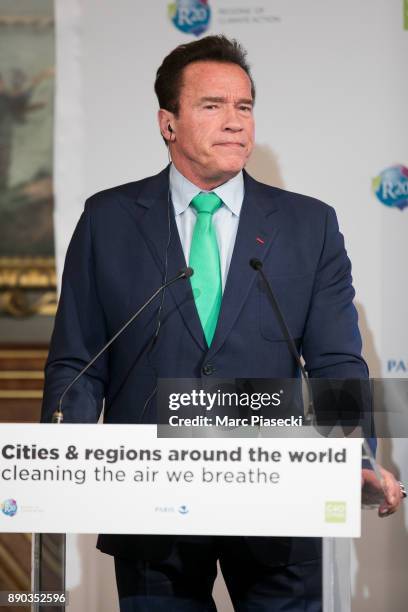 Former Governor of the US State of California Arnold Schwarzenegger gives a press conference on 'Cities and regions around the world: cleaning the...