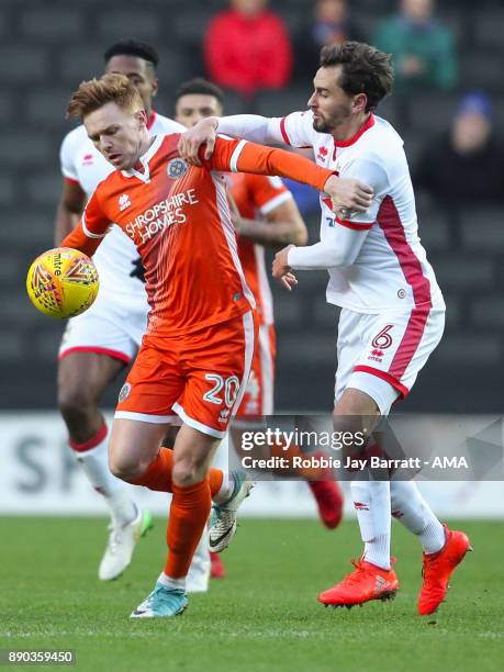 Joe Nolan of Shrewsbury Town and Ed Upson of Milton Keynes Dons during the Sky Bet League One match between Milton Keynes Dons and Shrewsbury Town at...