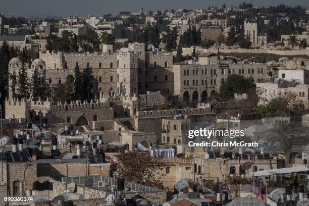 The walls of the Damascus Gate are seen amongst buildings in the Old City on December 11, 2017 in Jerusalem, Israel. In an already divided city, U.S....