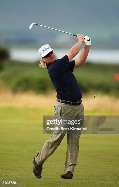 Charley Hoffman of USA hits a shot during a practice round prior to the 138th Open Championship on the Ailsa Course, Turnberry Golf Club on July 15,...